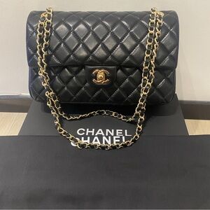 CHANEL Black Quilted Lambskin Double Flap Shoulder Bag with Gold Hardware